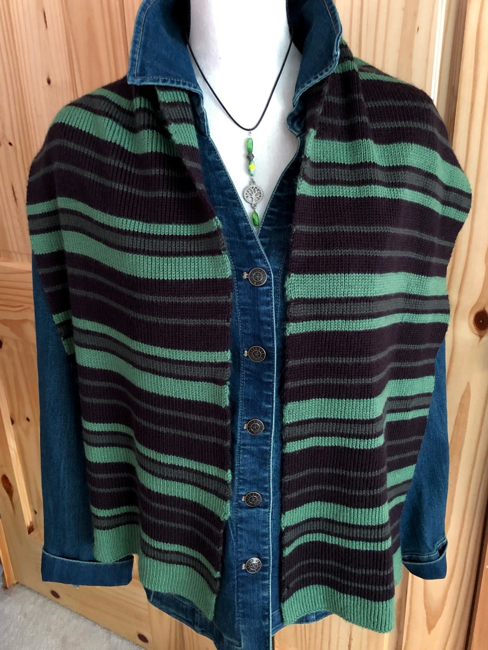 Vintage Nautica Preppy Green Black Striped Scarf Y2K Wool Blend